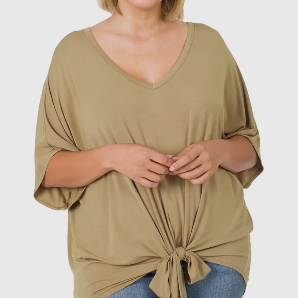Zenana Outfitters Khaki V-Neck Tie-Front Tee